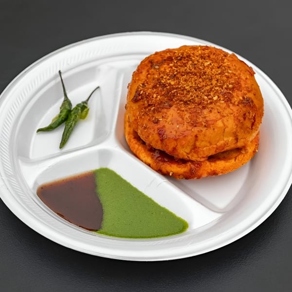 A Bombay street food vada pav with green chilies and two chutneys on a white plate.