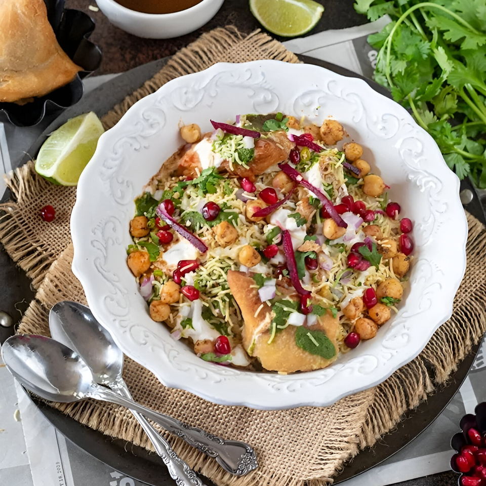 A white bowl of Indian samosa chaat, garnished with pomegranate, chickpeas, and fresh herbs.